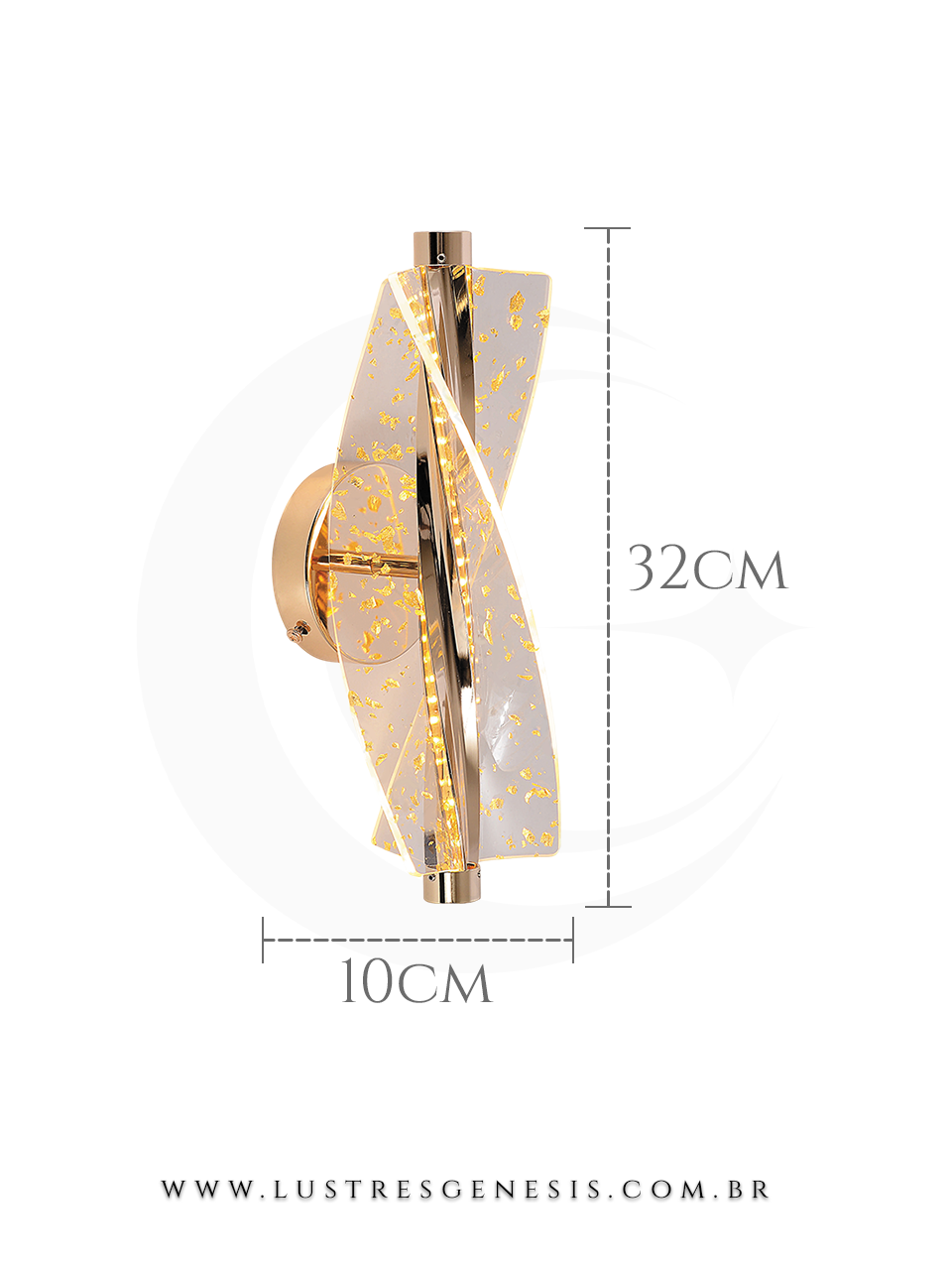 Luminária de parede Sindora com detalhes em folhas de ouro, design moderno, medindo 32 cm de altura e 10 cm de largura.